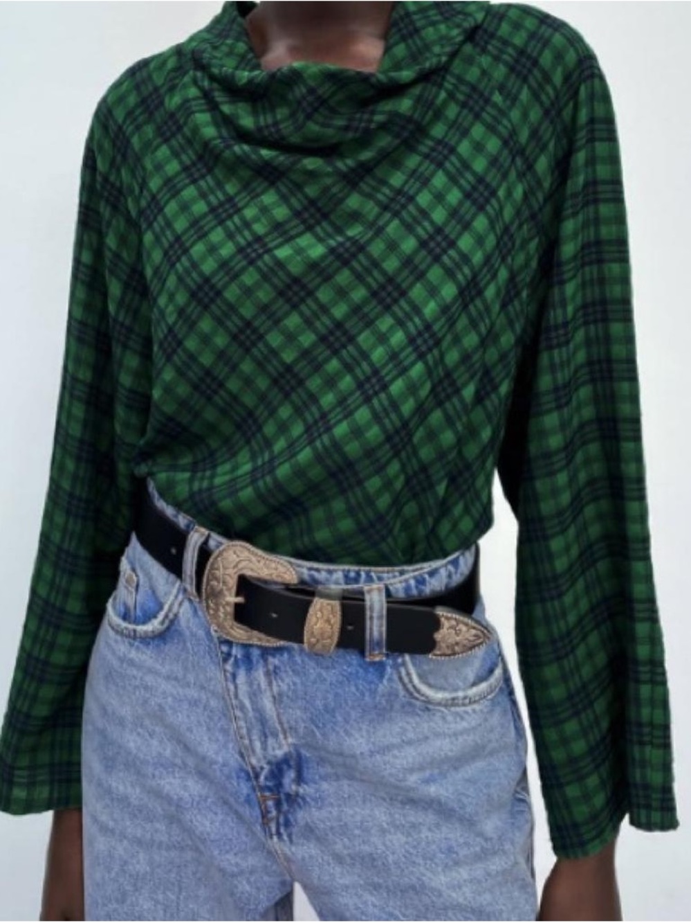 ZARA Green Plaid Cowl Neck Relaxed Top XL